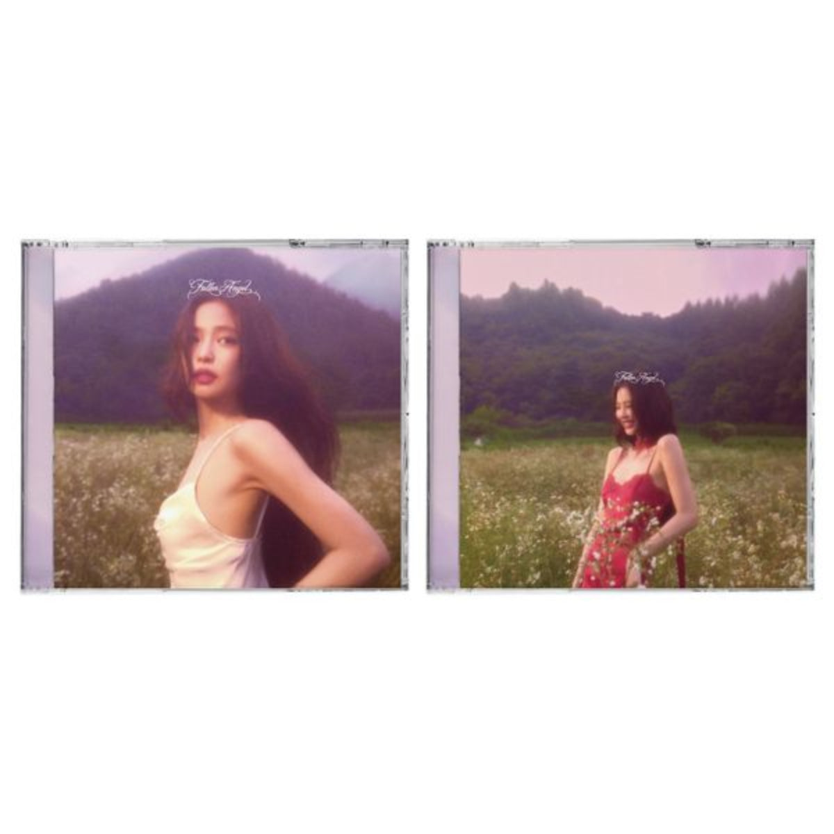 A two-panel product presentation showing a woman in a scenic outdoor field with mountains in the background. The left panel shows her in a pale cream dress, and the right panel shows her in a red floral dress.