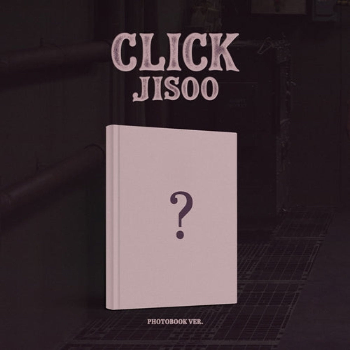 A photobook album cover for 'CLICK JISOO' featuring a pale pink book with a dark question mark on the front, set against a dark, moody background with the text 'CLICK JISOO' at the top and 'PHOTOBOOK VER.' at the bottom.