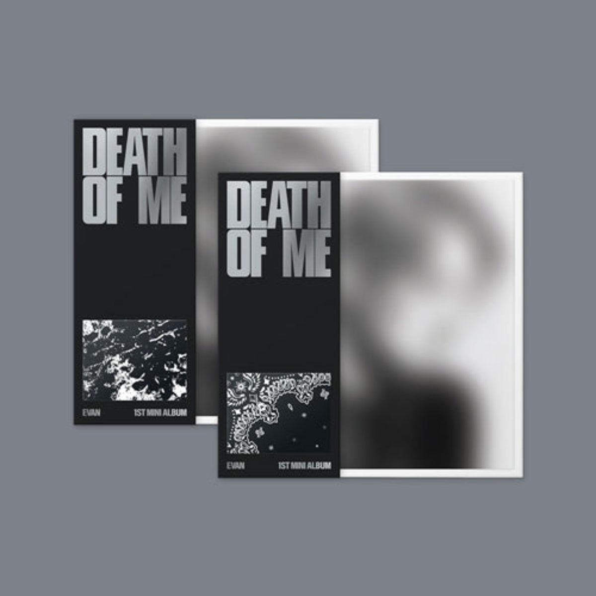 Three album cover prints for Evan's 'Death of Me' 1st Mini Album arranged on a solid gray background.