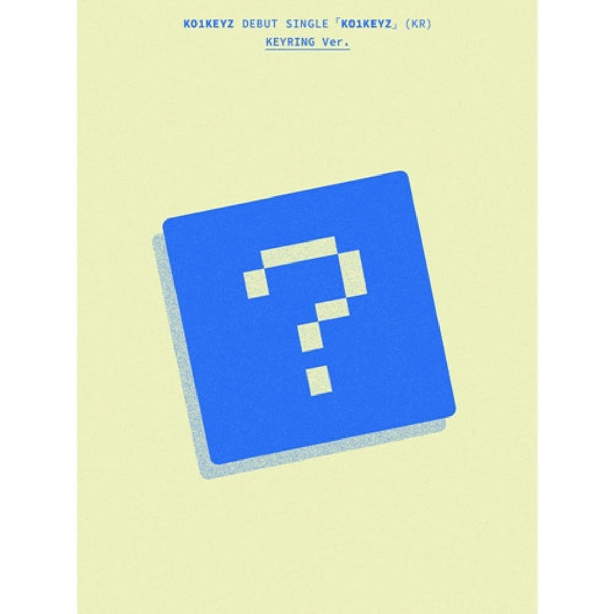 A minimalist product cover or packaging design featuring a light yellow background with a tilted blue square containing a white question mark. Small text at the top reads 'KOKEYZ DEBUT SINGLE "KOKEYZ, (KR)" KEYRING Ver.