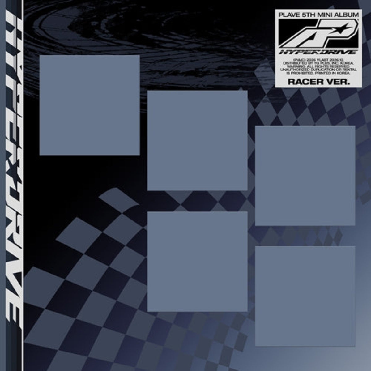Album cover for Playe's 5th Mini Album 'InterDrive' Racer Ver., featuring a dark blue and black checkered pattern, a black-and-white album logo in the top right, and five blank gray square placeholders on a dark background.