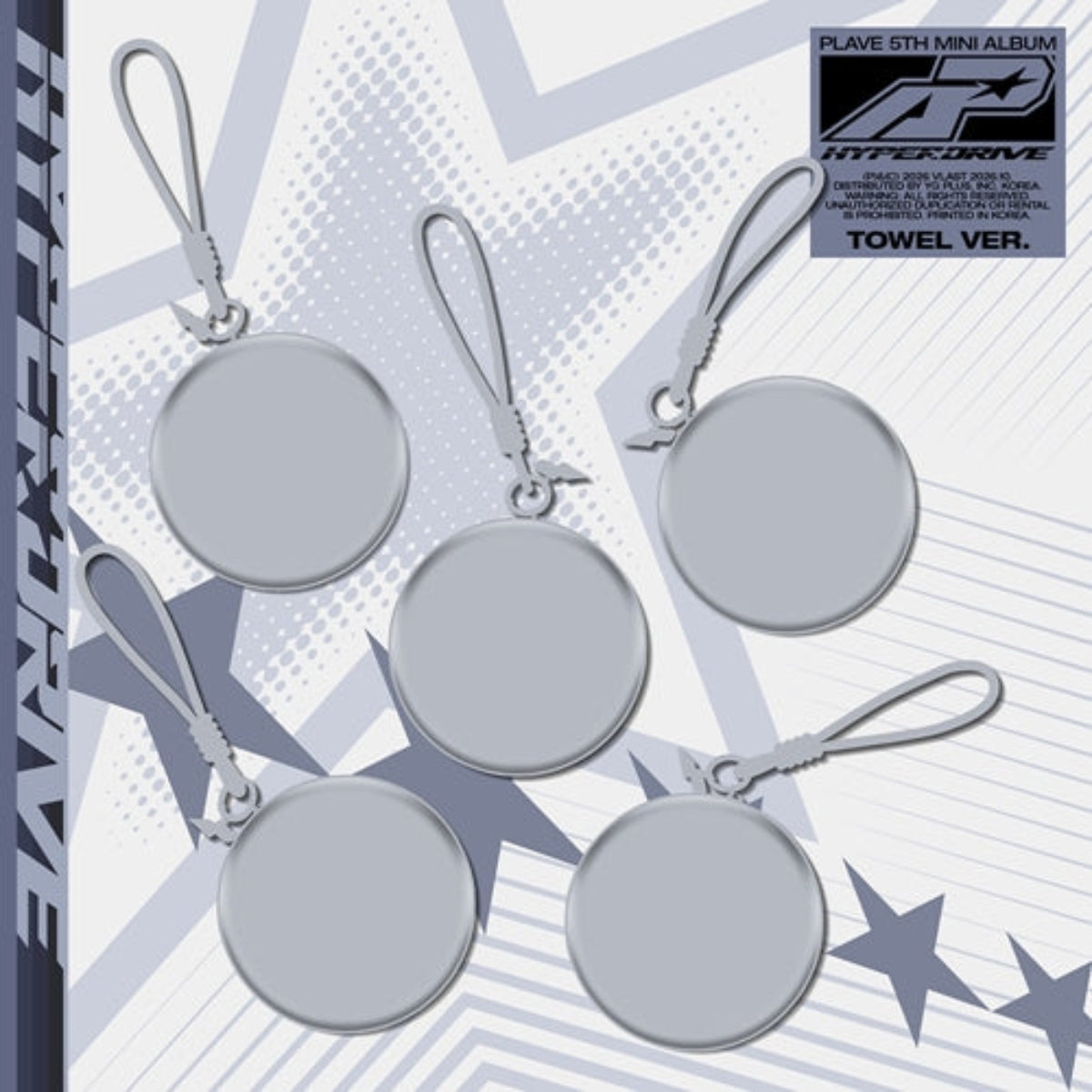 Five round silver keychain tags with attached wrist loops arranged on a stylized gray and white graphic background. A black-and-white NitterDrive album promo card is visible in the top right, and the text 'Plave 5th Mini Album' and 'Towel Ver.