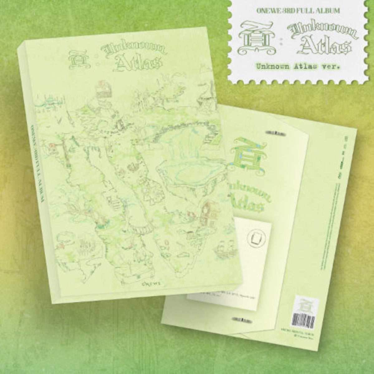 A pastel green album package for 'Unknown Atlas' shown on a textured green background, with the main sleeve, inner booklet, and a stamp-style sticker overlay reading 'Unknown Atlas ver.'.