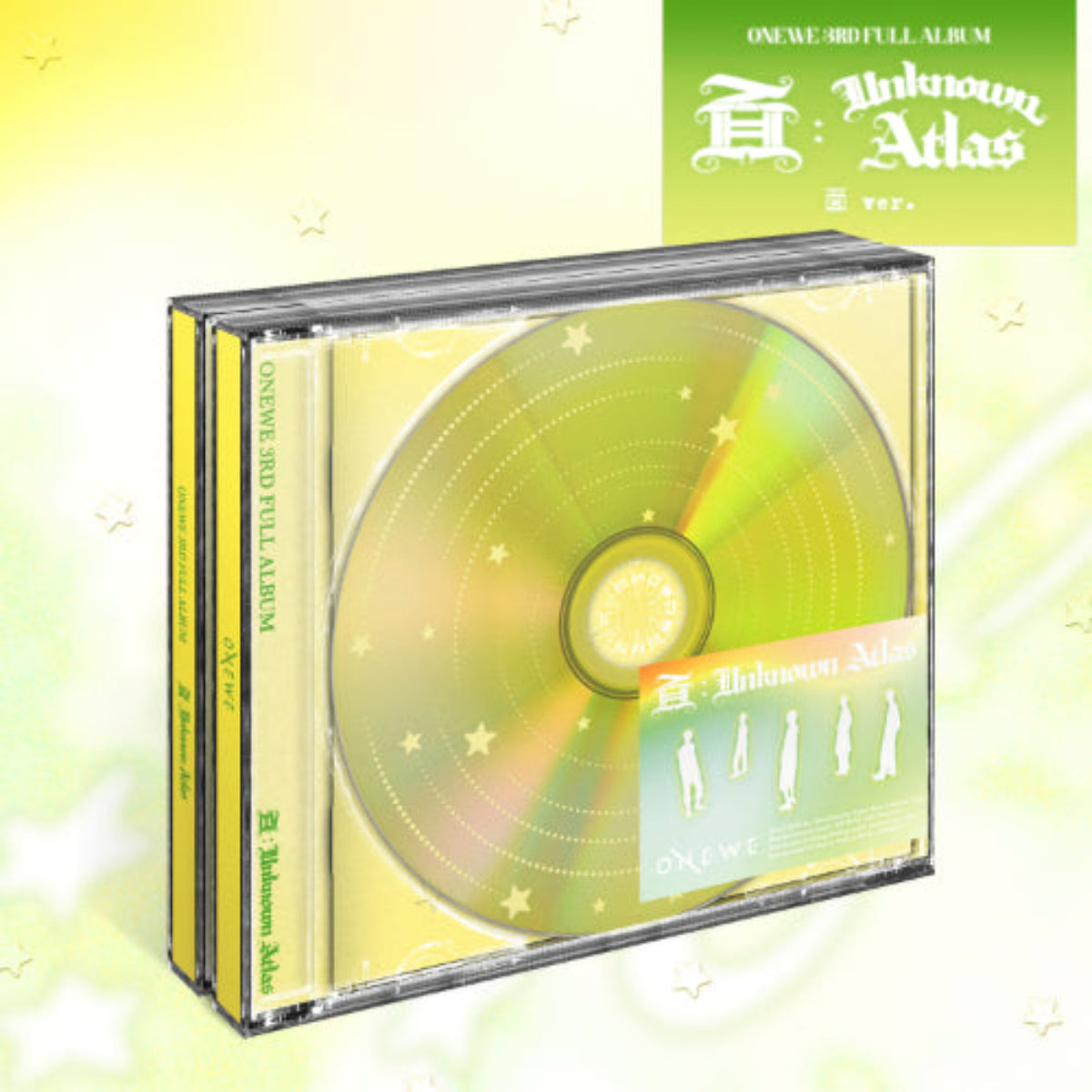 Oneewe's 'Unknown Atlas vol. 3' 3CD full album package, featuring a clear jewel case with a yellow-green iridescent CD and matching yellow-green album sleeves, set against a pale yellow background with star illustrations.