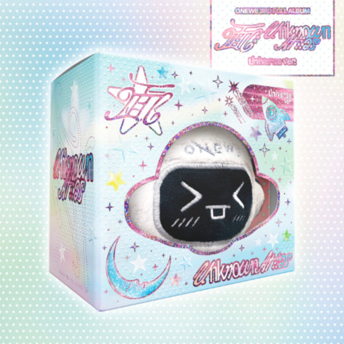 A plush toy with a black cloud-like face and white fluffy body, displayed inside a pastel multicolor box decorated with stars, moons, and anime-style text. The top-right corner includes a branded label reading 'OneWEIRD Full Album' and 'Akumajou Heart Universe.
