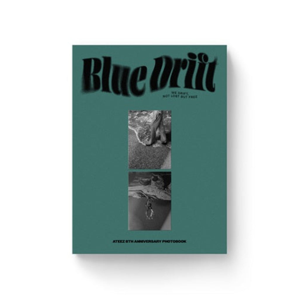 A rectangular photobook or magazine cover titled "Blue Drill" with a dark teal background, black stylized lettering, and two small black-and-white photographic panels in the center. The text at the bottom reads "ATEEZ 5TH ANNIVERSARY PHOTOBOOK.