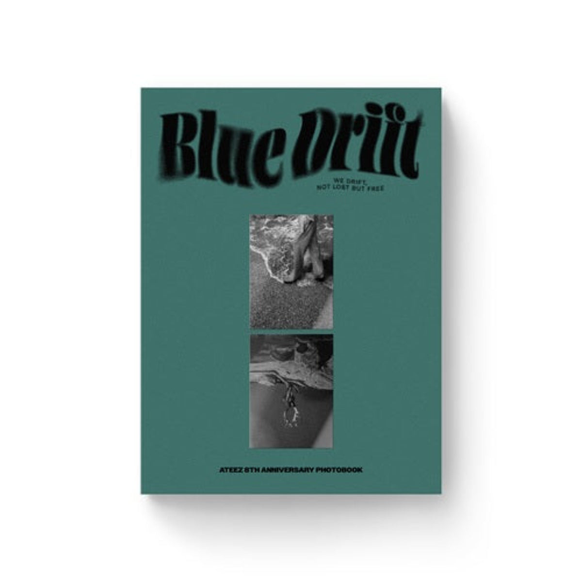 A rectangular photobook or magazine cover titled "Blue Drill" with a dark teal background, black stylized lettering, and two small black-and-white photographic panels in the center. The text at the bottom reads "ATEEZ 5TH ANNIVERSARY PHOTOBOOK.