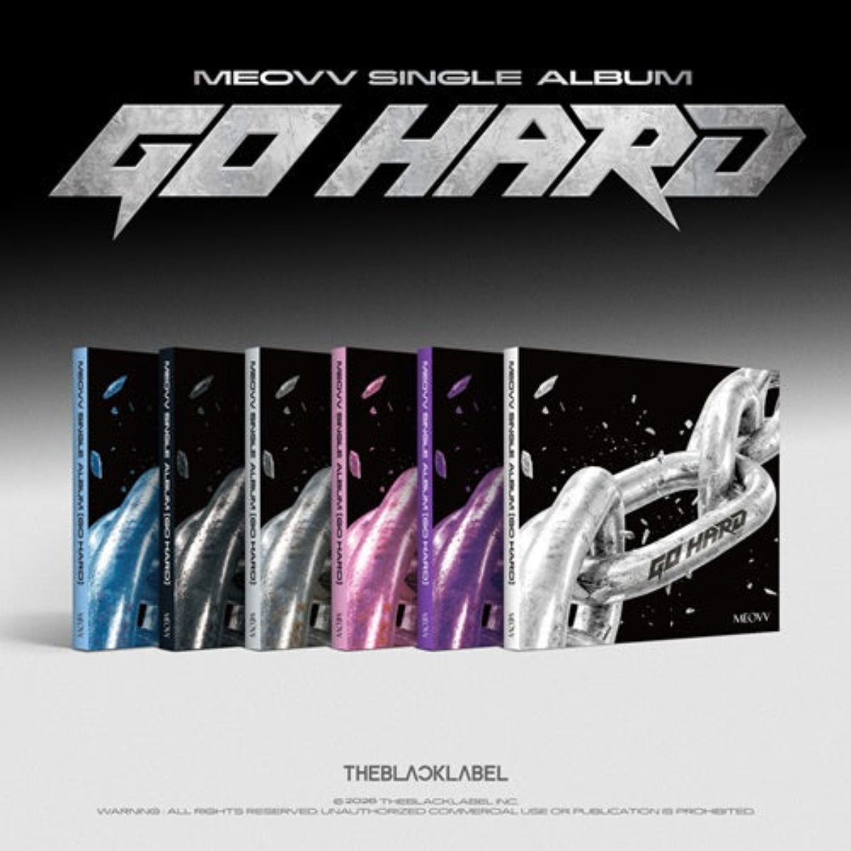 Single album packaging for MEOVV's 'GO HARD' single album, showing five booklets in blue, black, silver, pink, and white/silver covers arranged in a row against a dark-to-light gradient background with large 'GO HARD' title text above.