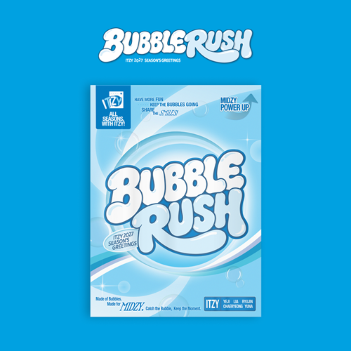 A Bubble Rush themed holiday greeting card centered on a bright blue background, with the Bubble Rush logo shown above the card. The card features large white bubbly lettering reading 'BUBBLE RUSH' with light blue and white abstract bubble graphics and small text including '12/27 2027 Season's Greetings' and 'Made by Bubble Rush.