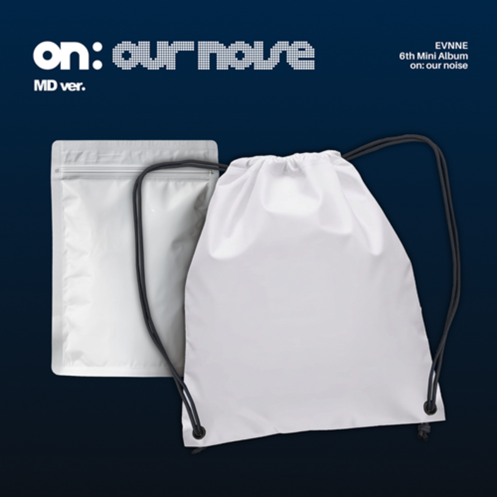 A white drawstring backpack with black cords is shown in front of a white resealable pouch on a dark blue background. Text in the top left reads 'on: our noise MD ver.