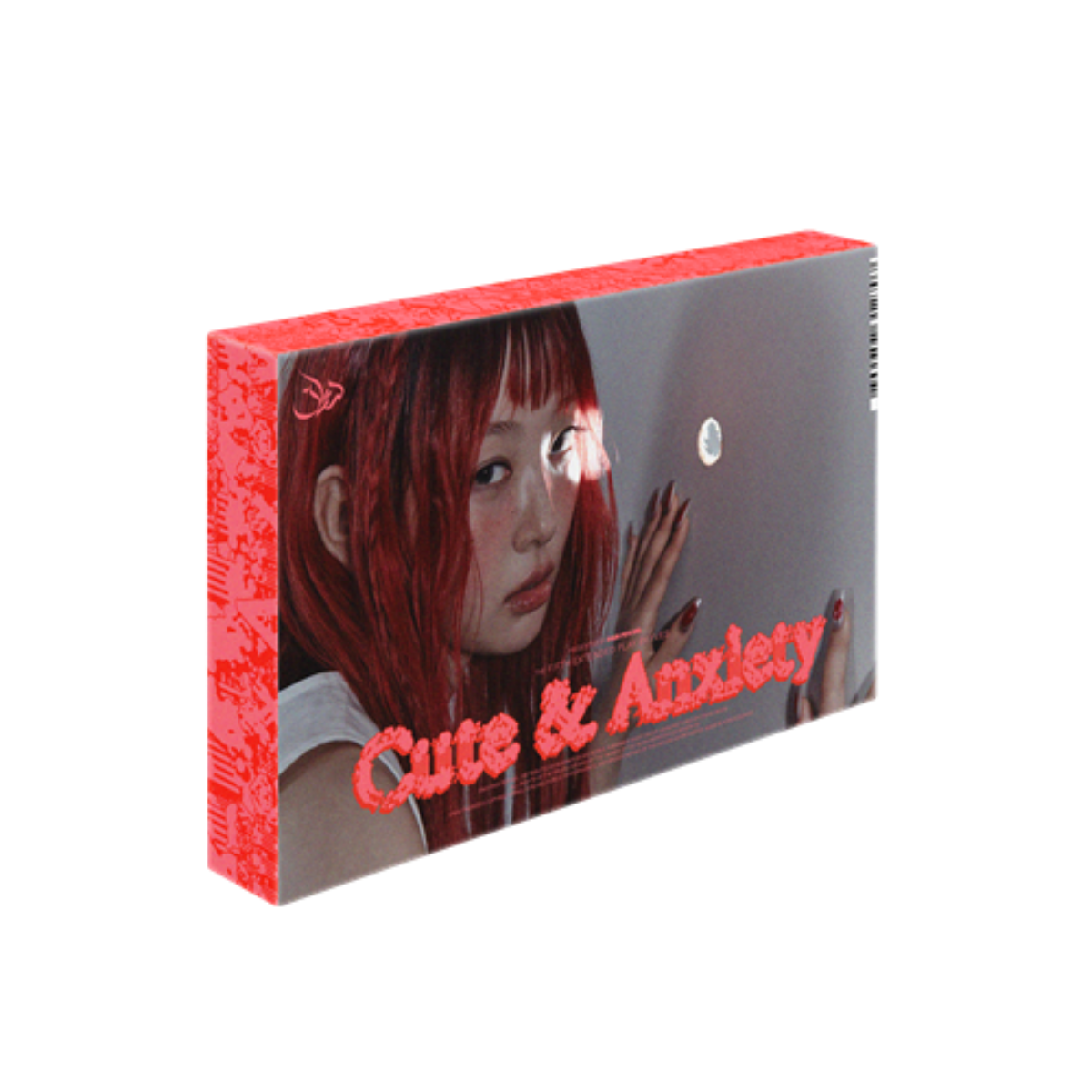 A boxed product package shown at an angle on a plain white background. The box features a red side panel with repeating text and a front cover showing a woman with red hair against a gray background, with the title 'Cute & Anxiety' in red script.