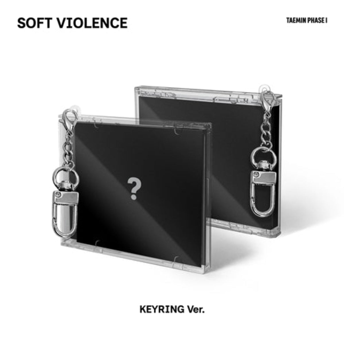 A product listing for a 'SOFT VIOLENCE' keyring by Taemin Phase 1. The item is a black CD-style case keychain with a silver metal clasp and keyring, featuring a white question mark on the front.